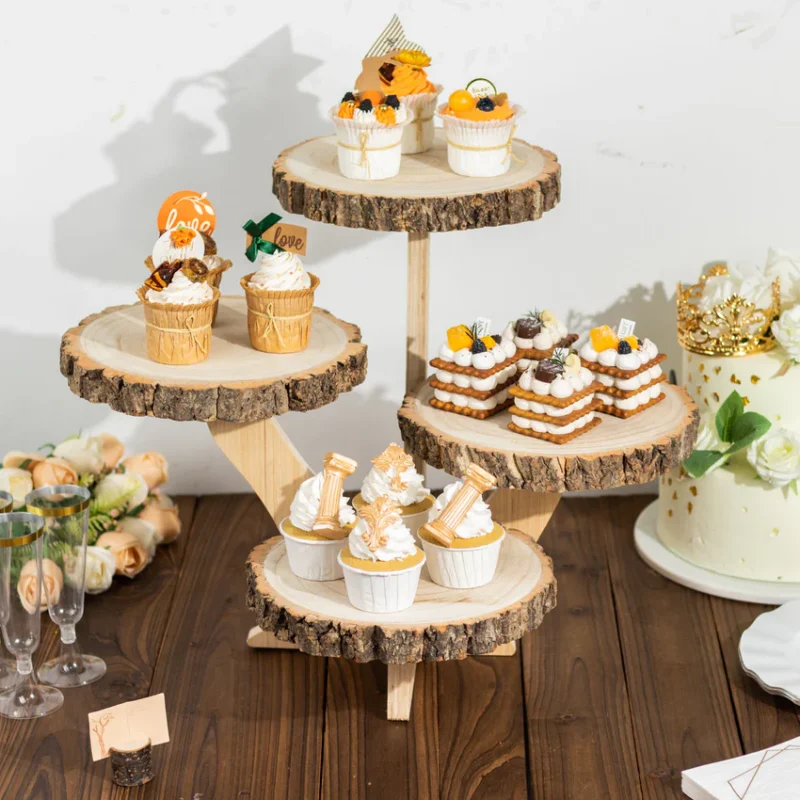 4-Tier Natural Farmhouse Style Wood Slice Cupcake Stand Holder, Rustic Dessert Display Cake Stand 15" Tall - Image 6