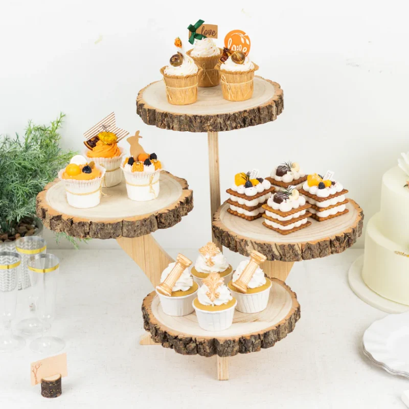 4-Tier Natural Farmhouse Style Wood Slice Cupcake Stand Holder, Rustic Dessert Display Cake Stand 15" Tall - Image 7