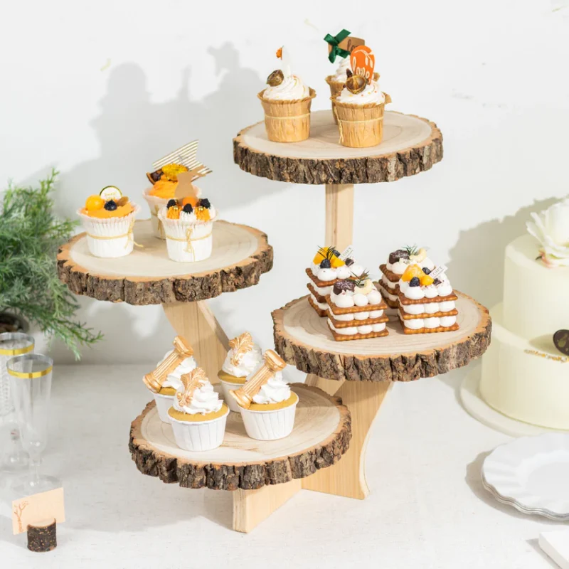 4-Tier Natural Farmhouse Style Wood Slice Cupcake Stand Holder, Rustic Dessert Display Cake Stand 15" Tall - Image 5