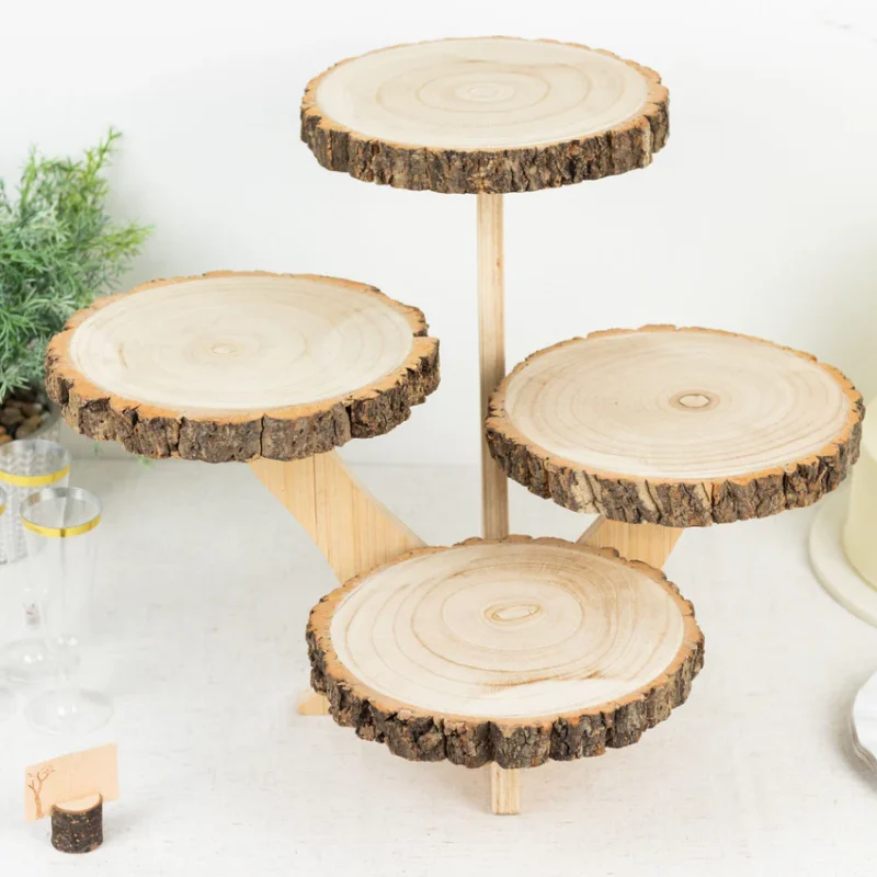 4-Tier Natural Farmhouse Style Wood Slice Cupcake Stand Holder, Rustic Dessert Display Cake Stand 15" Tall - Image 9